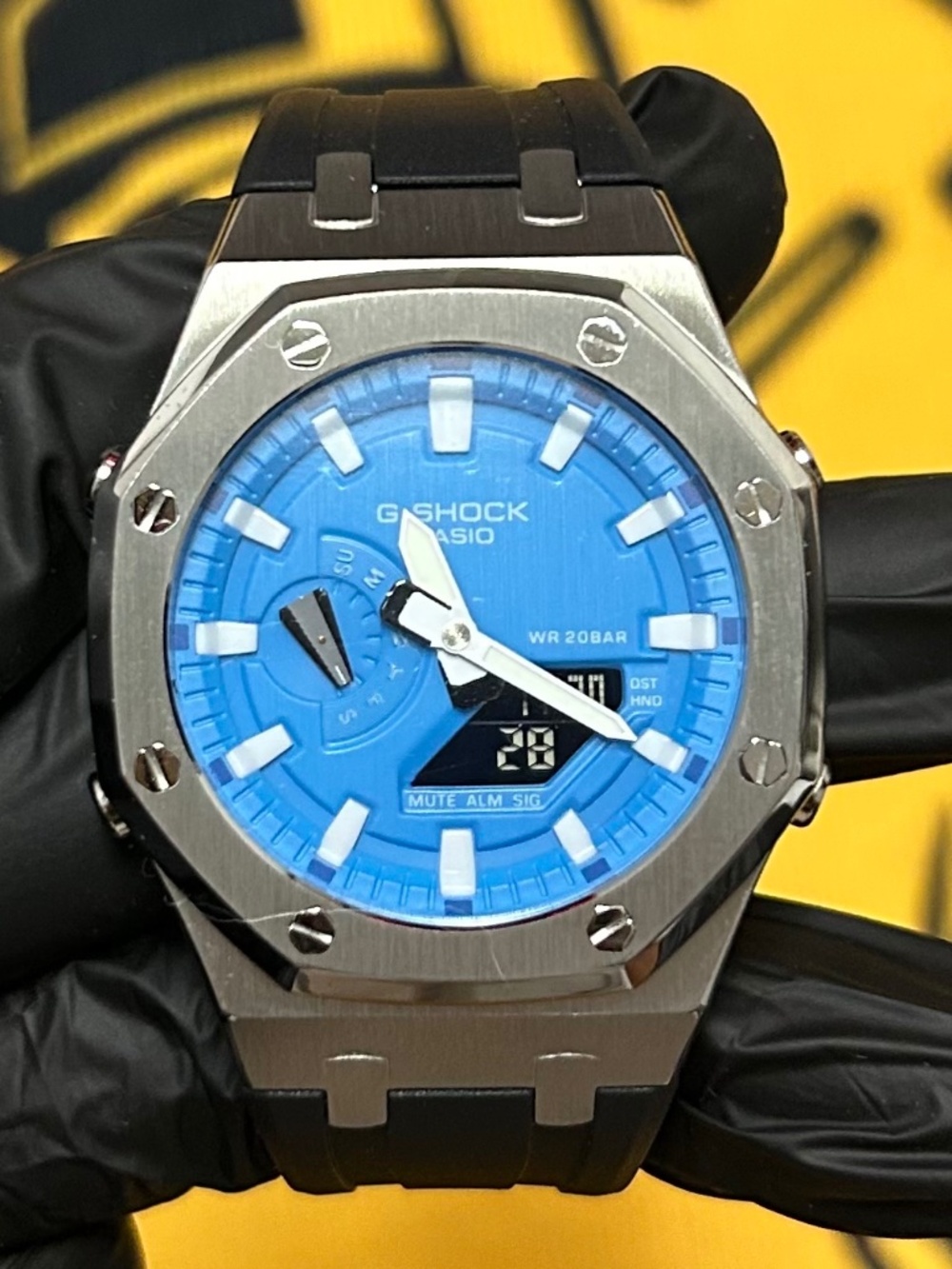Custom G-Shock Metal Mod – Silver Steel Case, Blue Dial, Black Rubber Strap